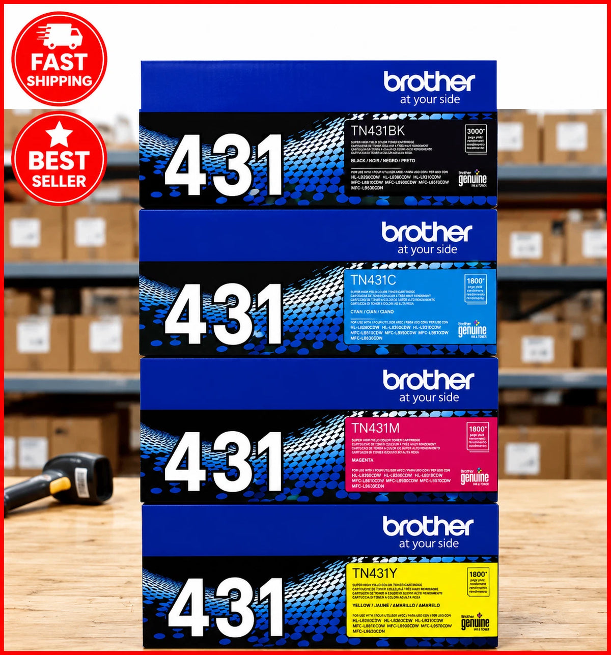 Brother TN-431 Toner Set Black Cyan Magenta Yellow Genuine OEM High Yield 4-Pack